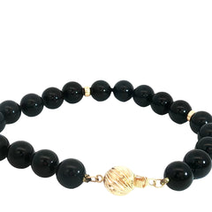 14 Yellow Gold 8.5mm Black Onyx / Gold Bead Bracelet 8"inch