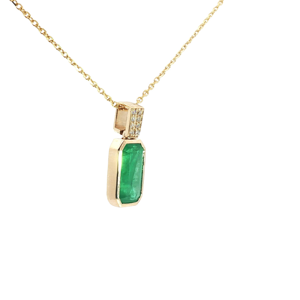 14k Yellow Gold 3.15ct Cut-Cornered Rectangular Colombian Emerald A / .10ct G SI1 Round Diamond Pendant