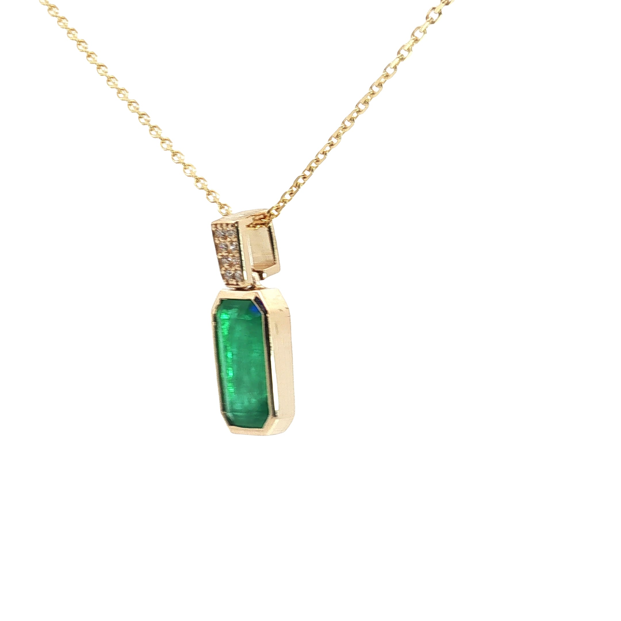 14k Yellow Gold 3.15ct Cut-Cornered Rectangular Colombian Emerald A / .10ct G SI1 Round Diamond Pendant