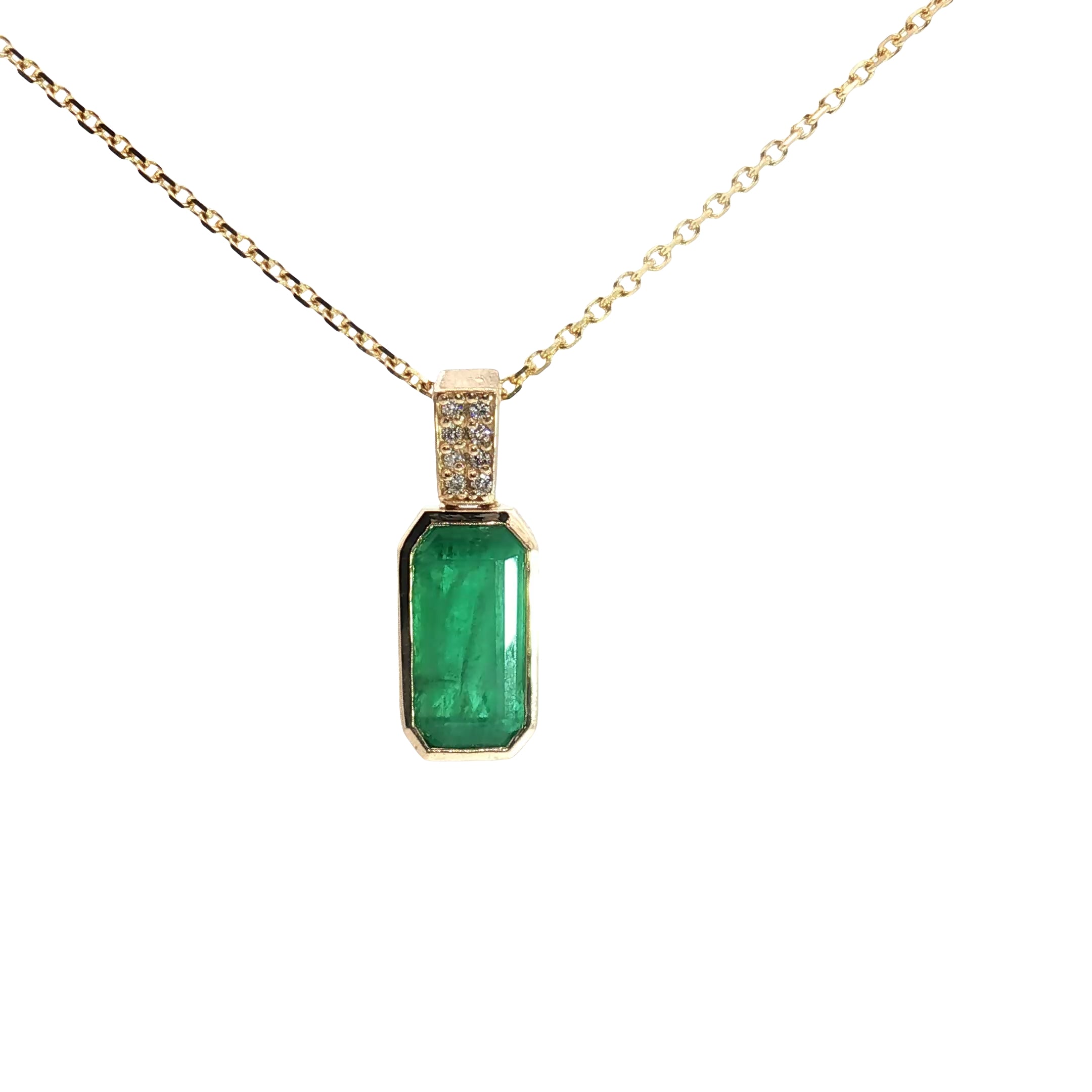14k Yellow Gold 3.15ct Cut-Cornered Rectangular Colombian Emerald A / .10ct G SI1 Round Diamond Pendant
