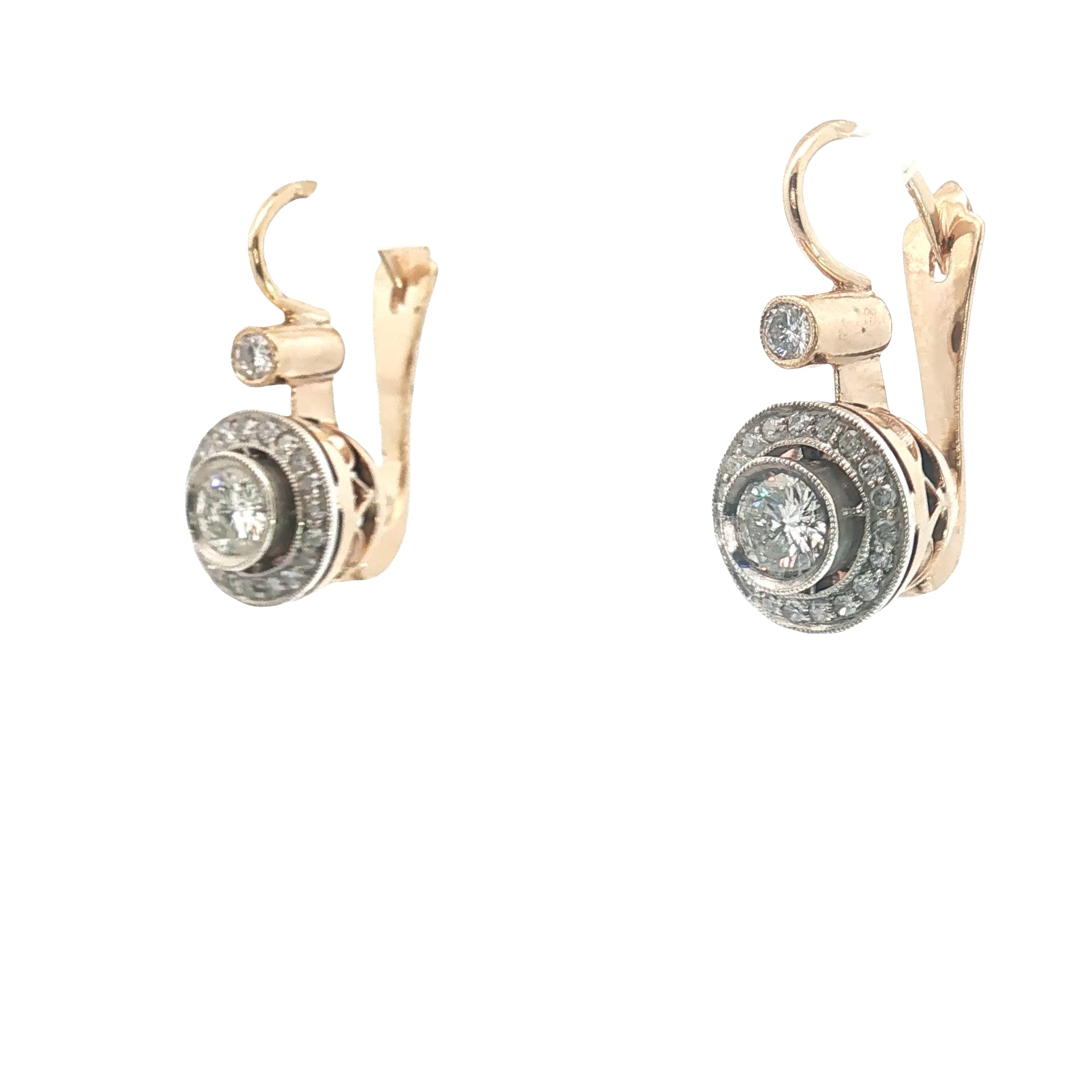 14k Two Tone 2.50ct G VS2 Round Diamond Vintage French Hook Bezel Set / Milgrain Earrings