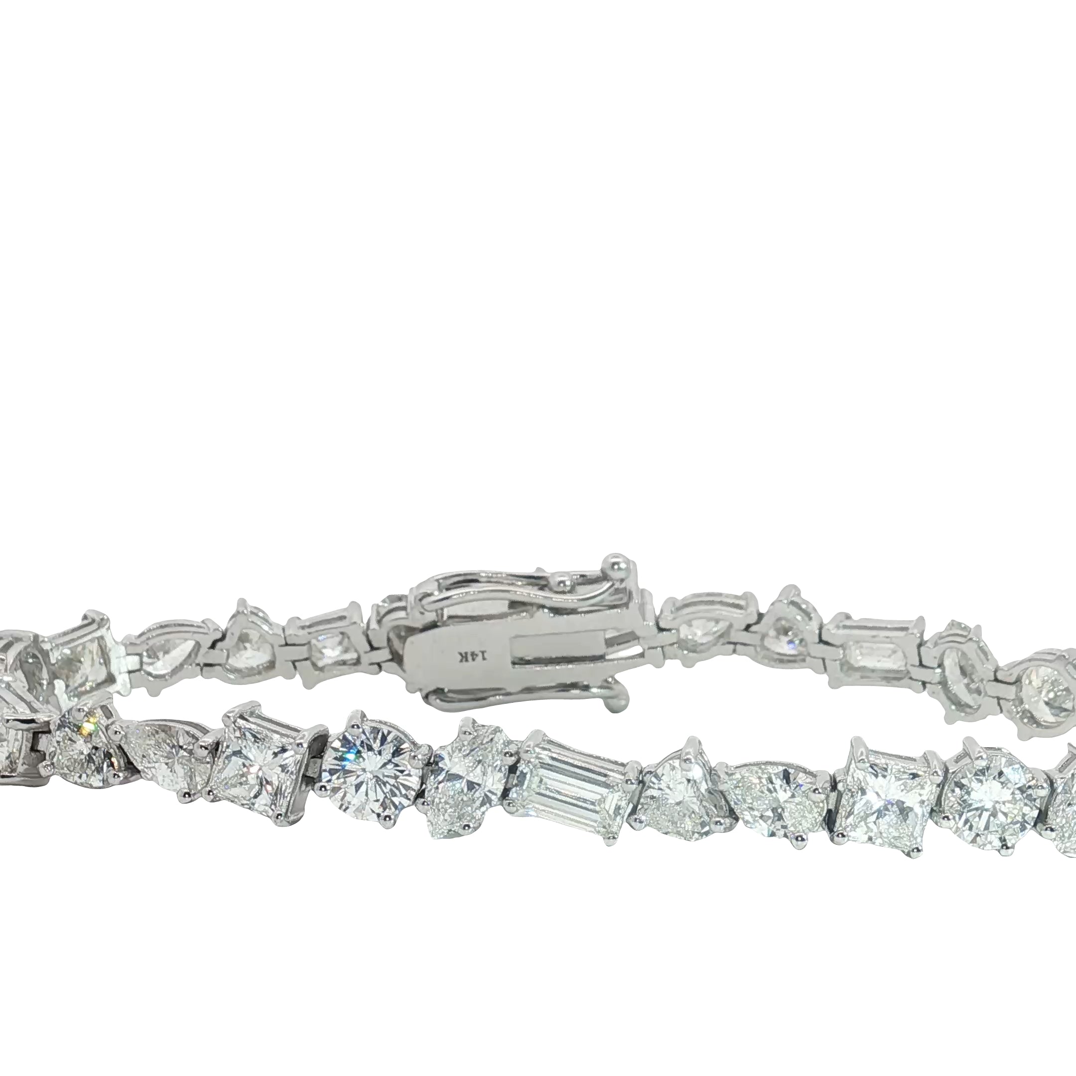 14k White Gold 15.28ct F/G VS2 Princes Cut, Emerald Cut, Pear Shape, Heart, Round, Marquis and Oval (30) Multi Shape Total Diamonds Tennis Bracelet