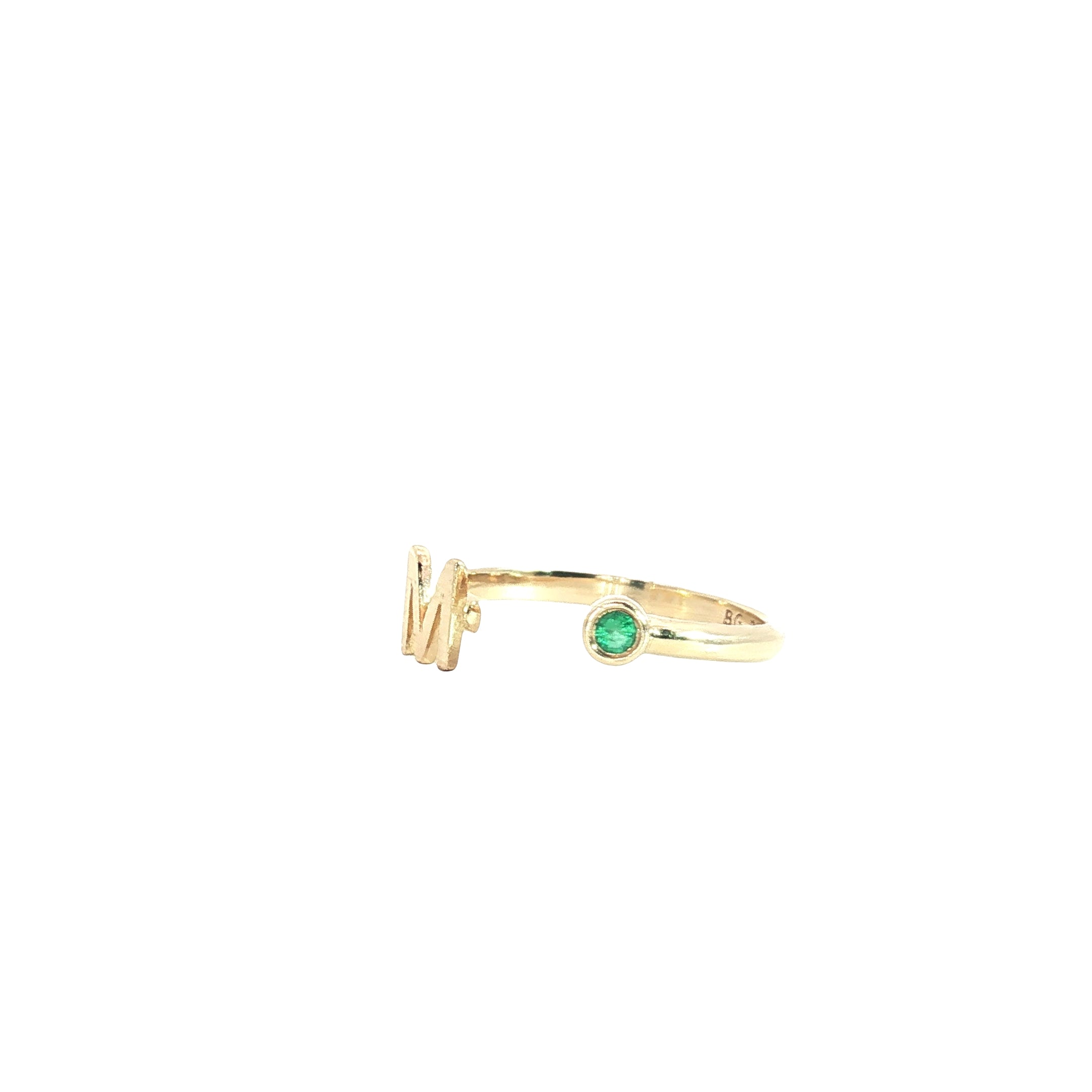 14k Yellow Gold Baby Emerald Letter M Open Ring