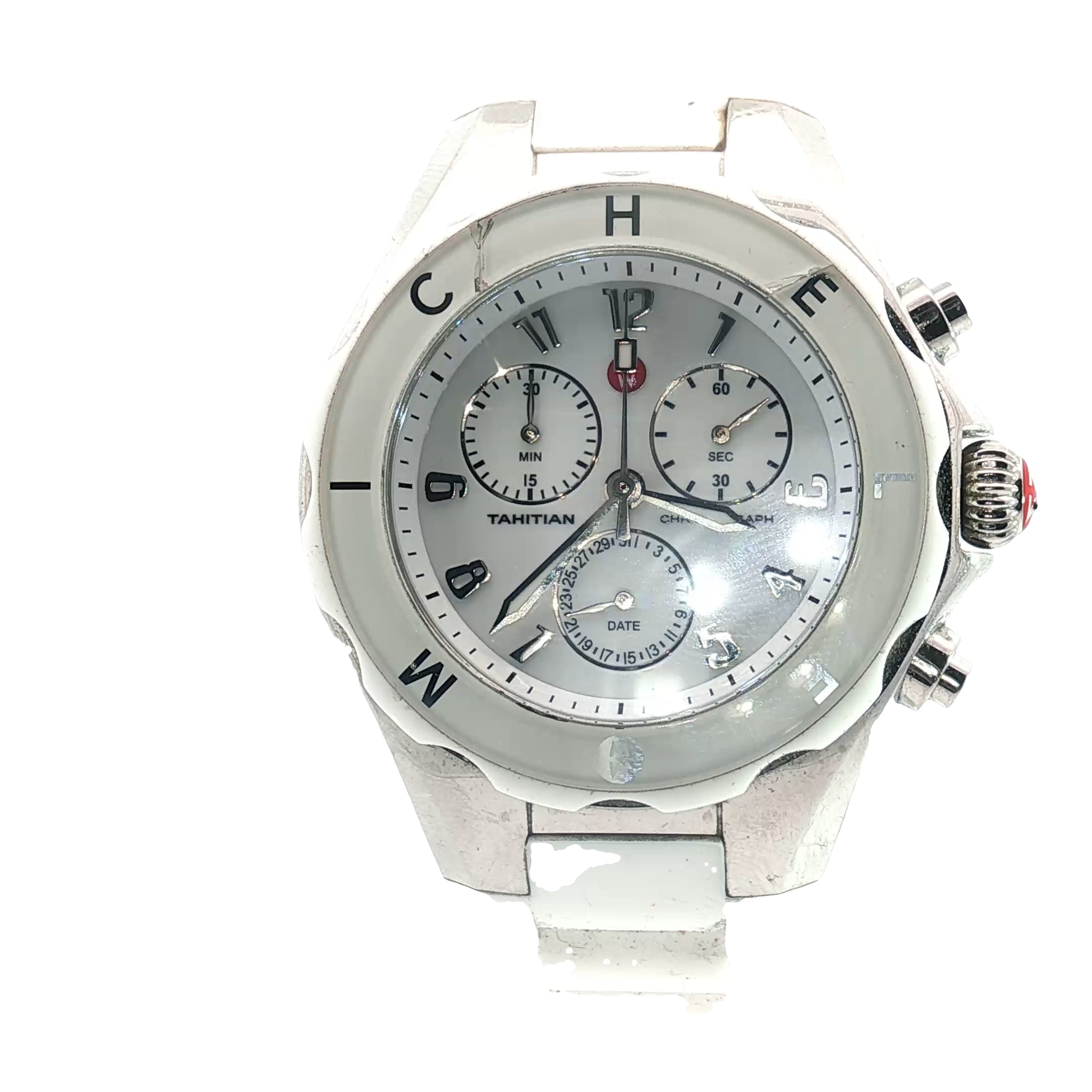 Pre-Owned Michele Jelly Bean Watch / White Rubber Band/ Silver Tone/ Tahitian