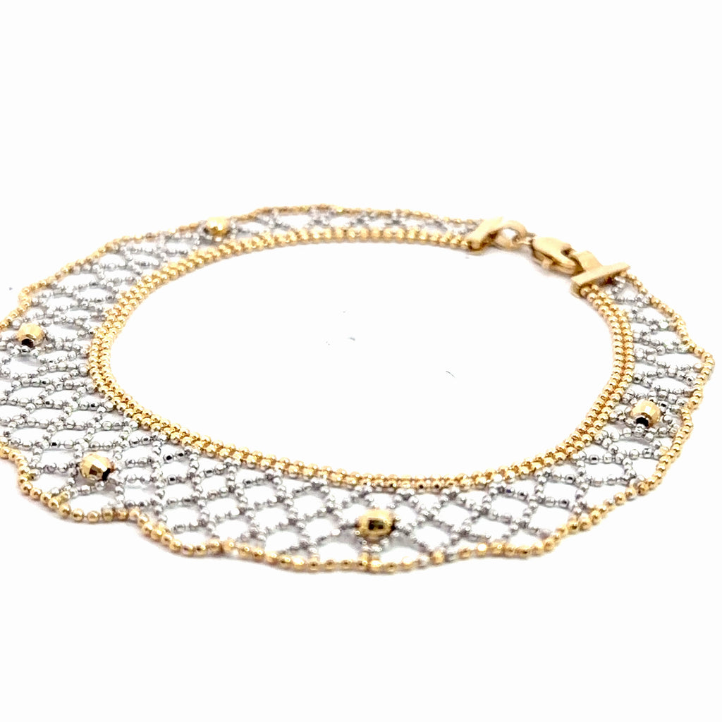 14k Two Tone Diamond Cut Beaded Mesh Bracelet