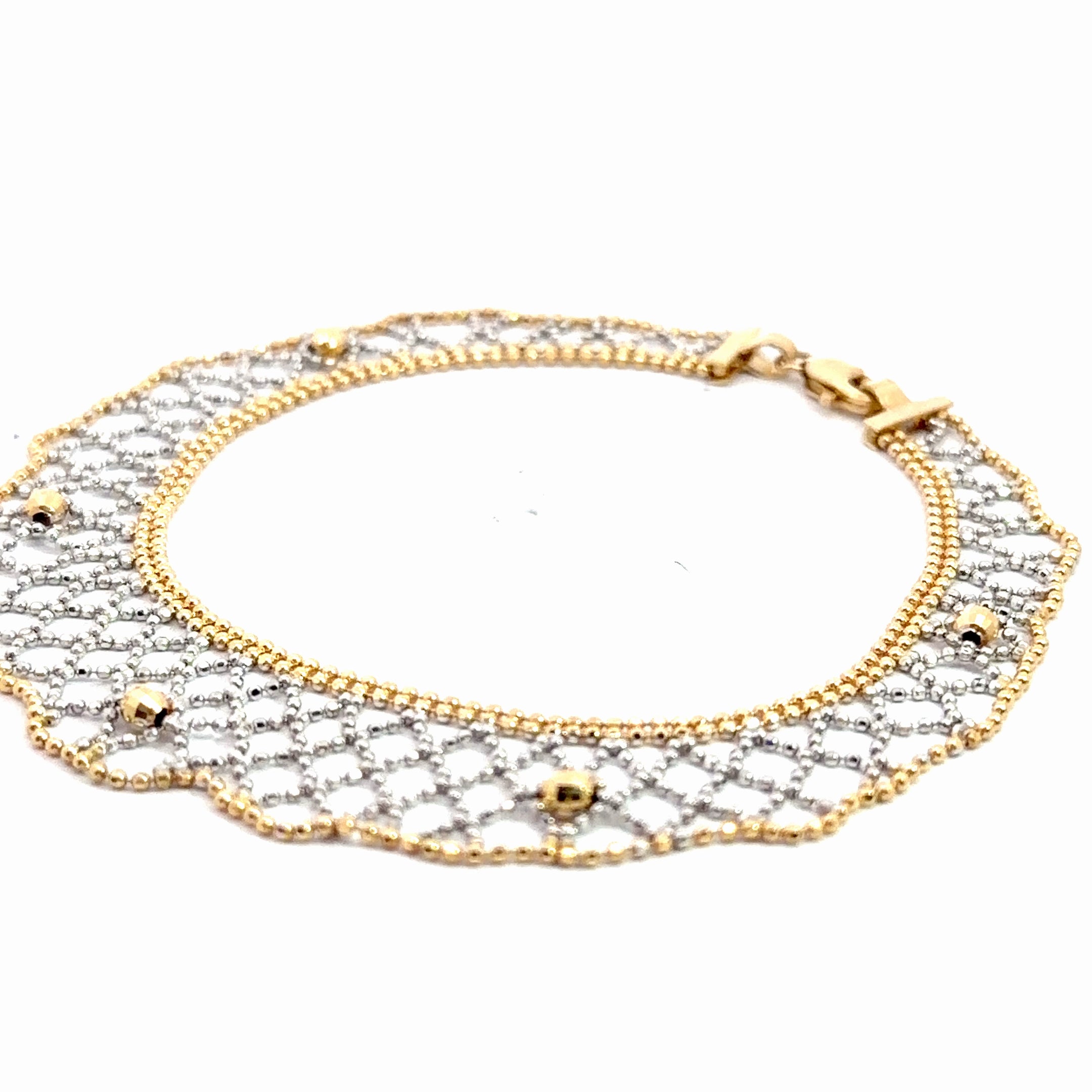 14k Two Tone Diamond Cut Beaded Mesh Bracelet