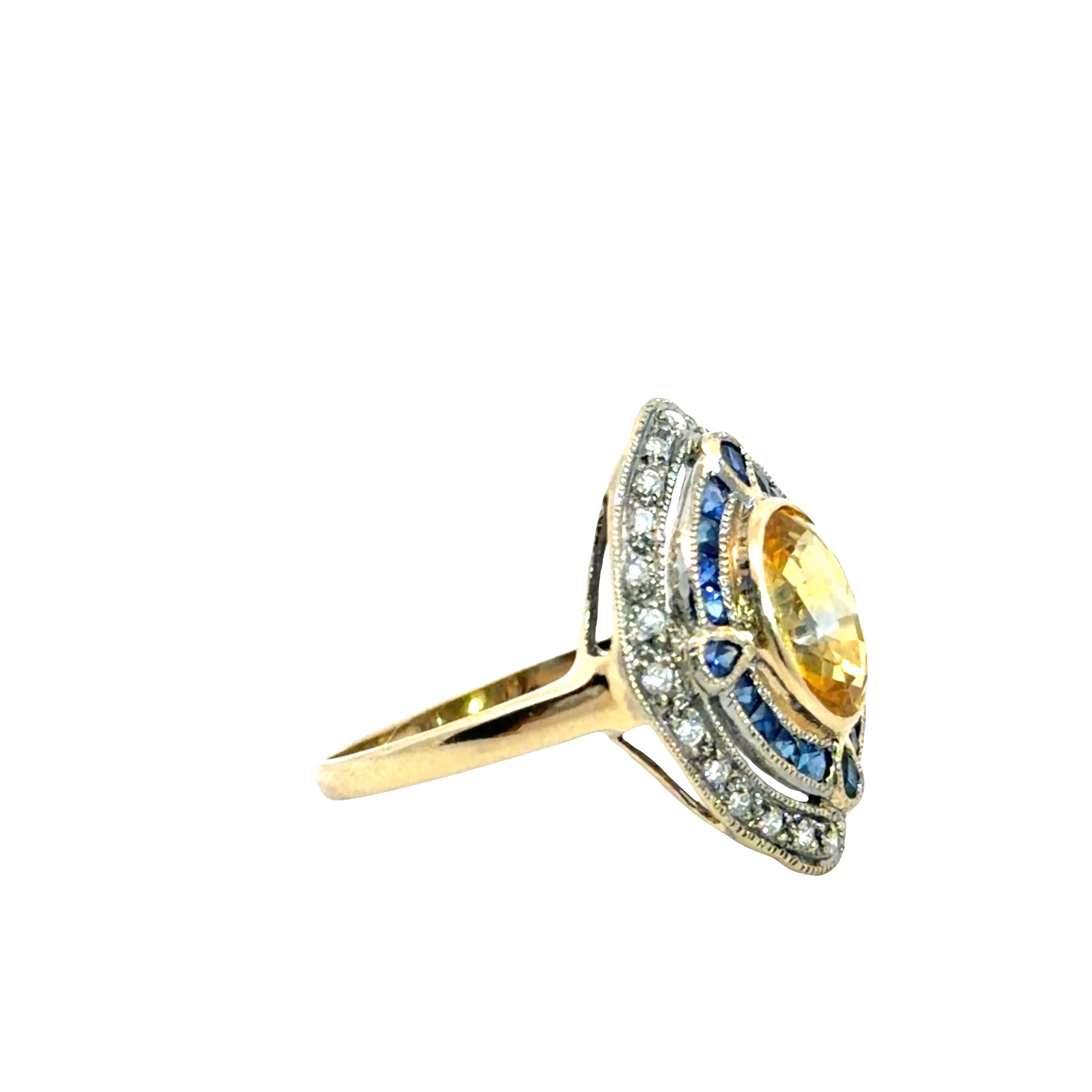 18k Two Tone approximately 1.50ct Oval Yellow Sapphire/ .50ct Round Blue Sapphire / .25ct G VS2 Round Diamond Vintage Ring