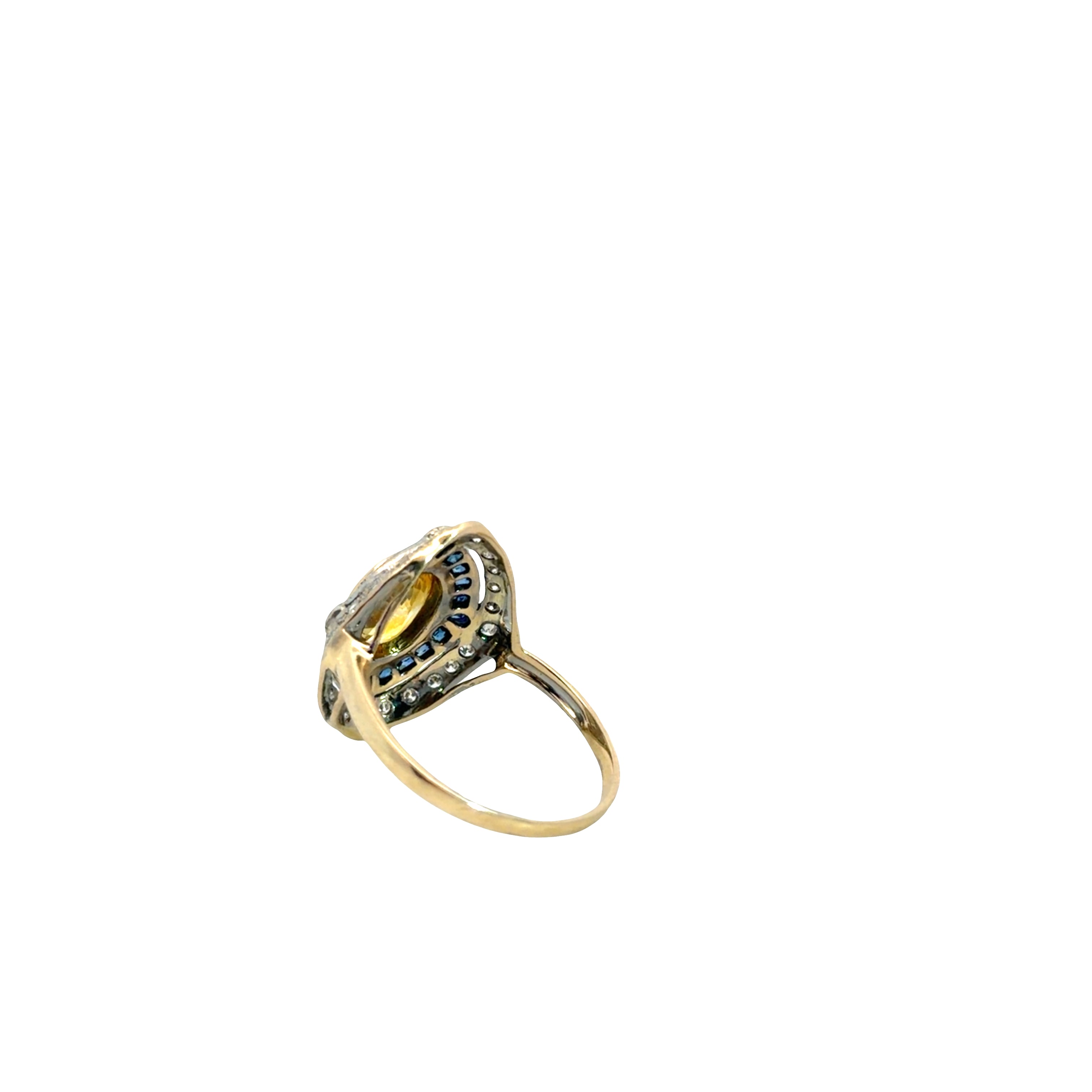 18k Two Tone approximately 1.50ct Oval Yellow Sapphire/ .50ct Round Blue Sapphire / .25ct G VS2 Round Diamond Vintage Ring