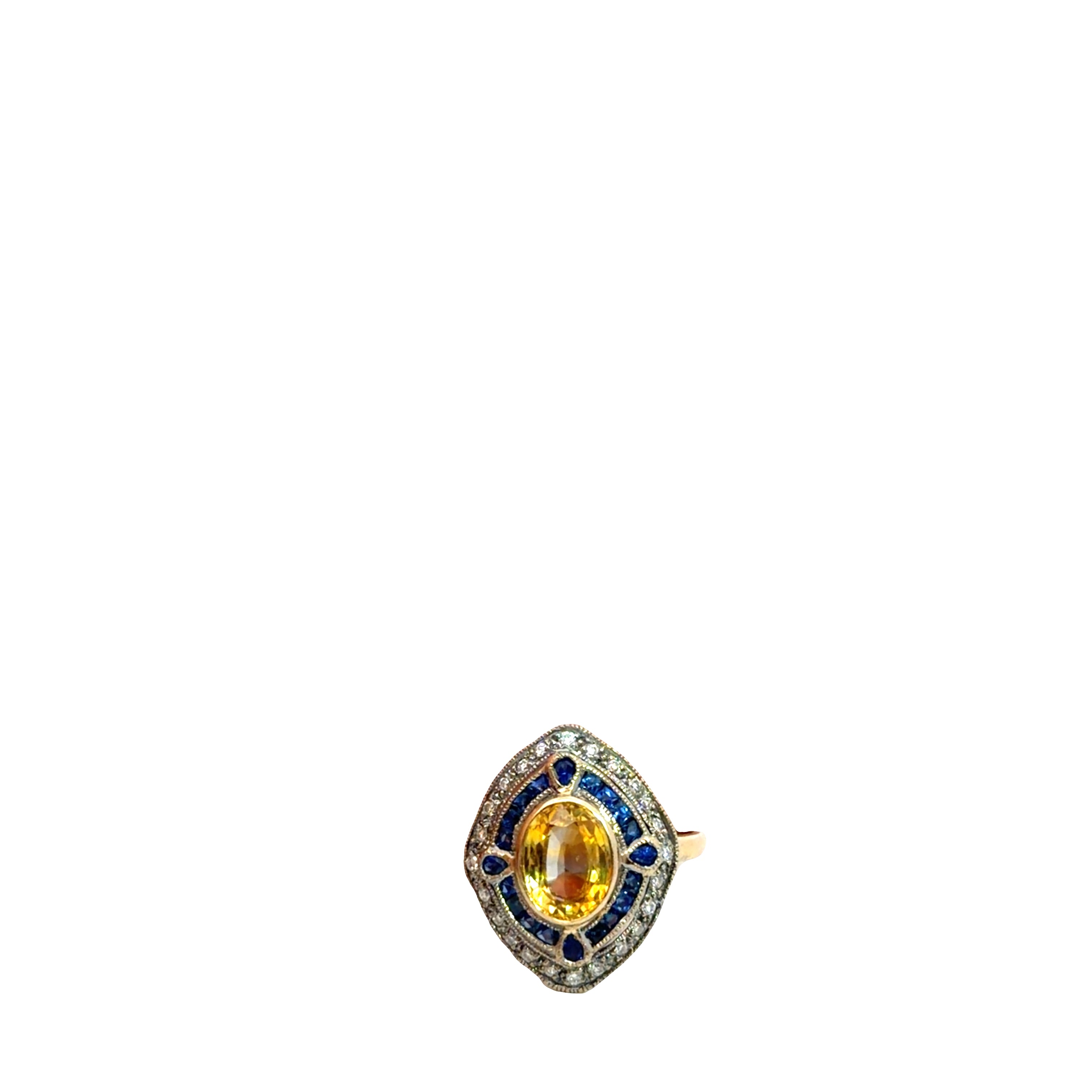 18k Two Tone approximately 1.50ct Oval Yellow Sapphire/ .50ct Round Blue Sapphire / .25ct G VS2 Round Diamond Vintage Ring