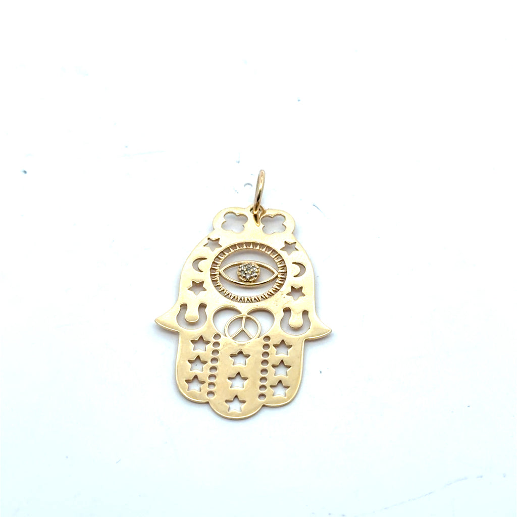 14k Yellow Gold .05ct Round Diamond Khamsa / Evil Eyes/ Peace Sign/ Horse Shoe/ Star Moon/ 2 Leaf Clover Pendant 4.6 gram 2"x1"