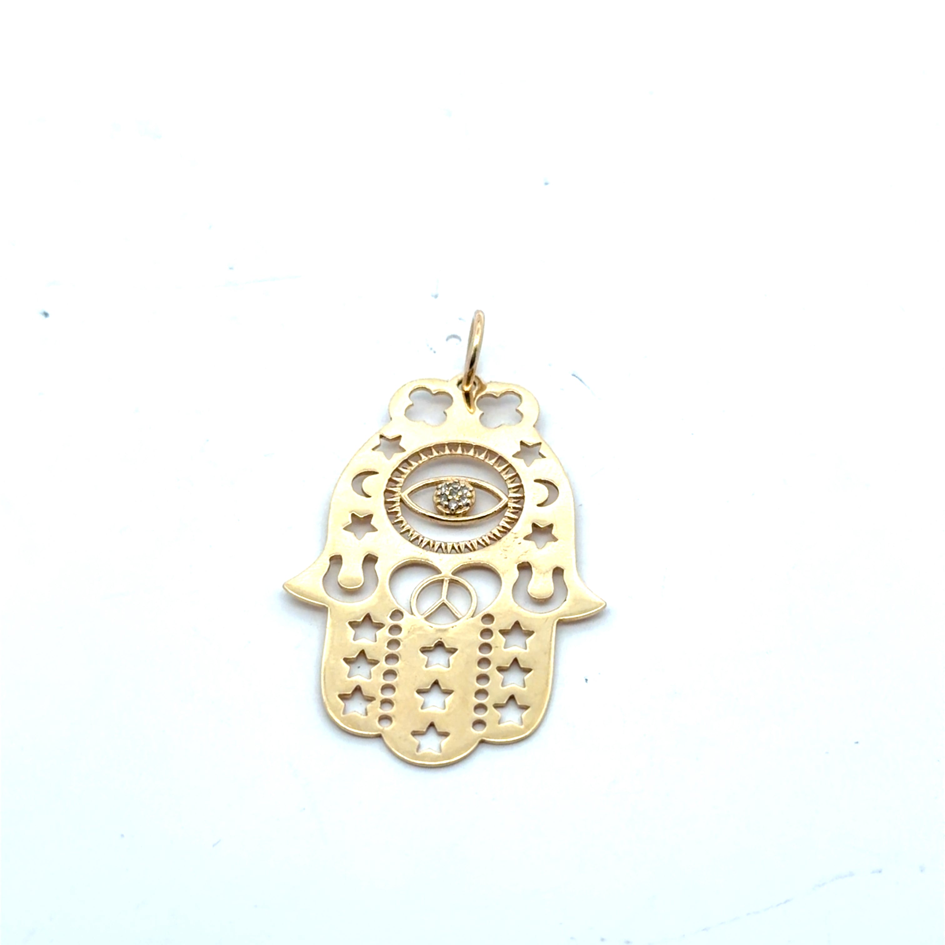 14k Yellow Gold .05ct Round Diamond Khamsa / Evil Eyes/ Peace Sign/ Horse Shoe/ Star Moon/ 2 Leaf Clover Pendant 4.6 gram 2"x1"