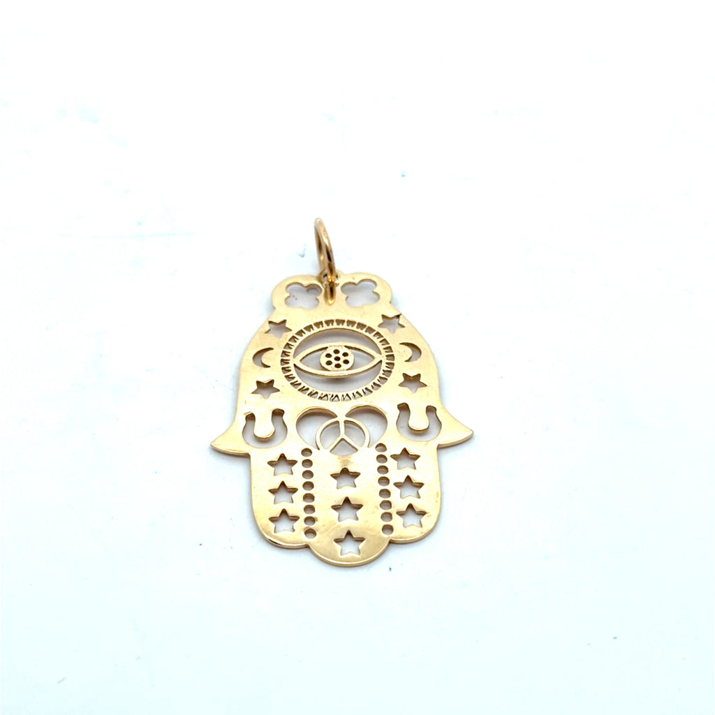 14k Yellow Gold .05ct Round Diamond Khamsa / Evil Eyes/ Peace Sign/ Horse Shoe/ Star Moon/ 2 Leaf Clover Pendant 4.6 gram 2"x1"