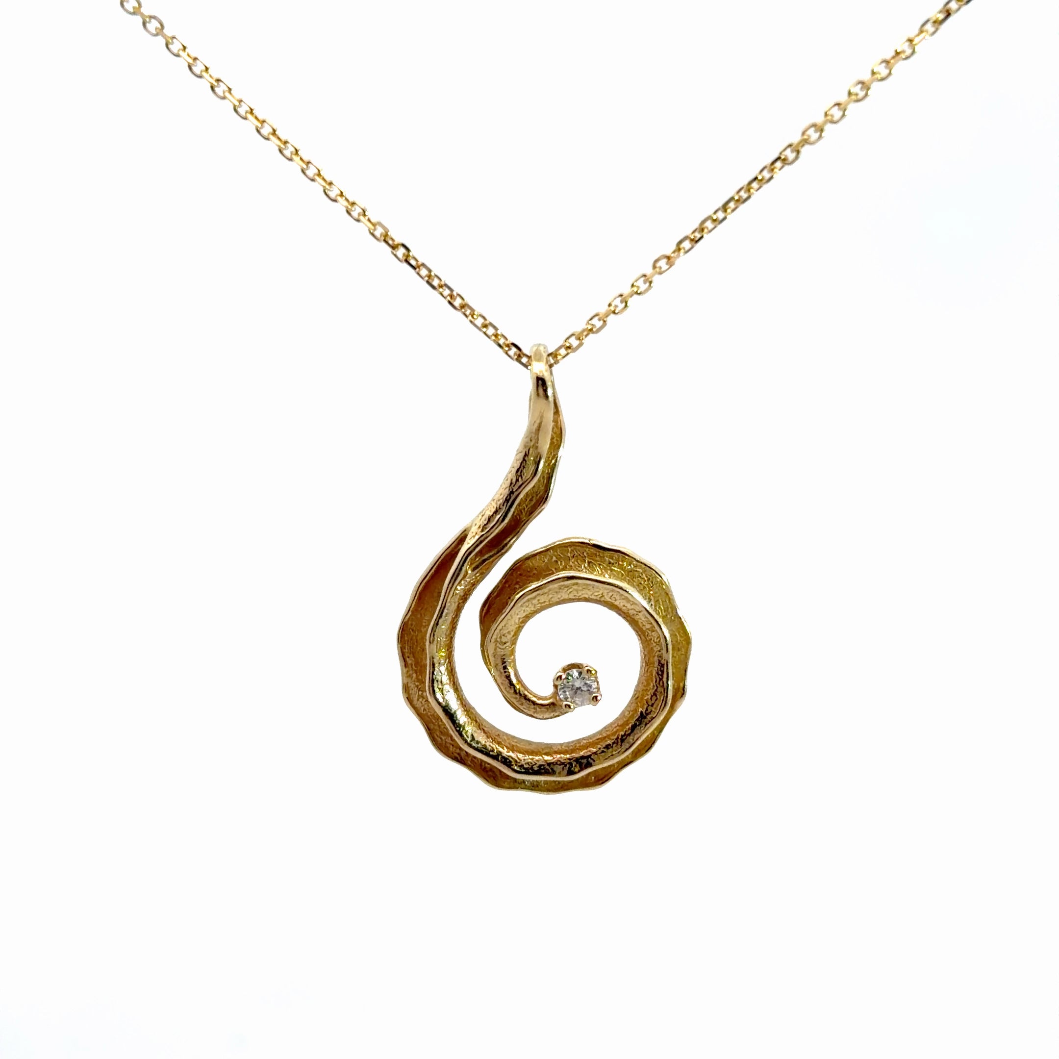 14k Yellow Gold .07ct G SI1 Round Diamond Swirl Pendant 4.6 gram