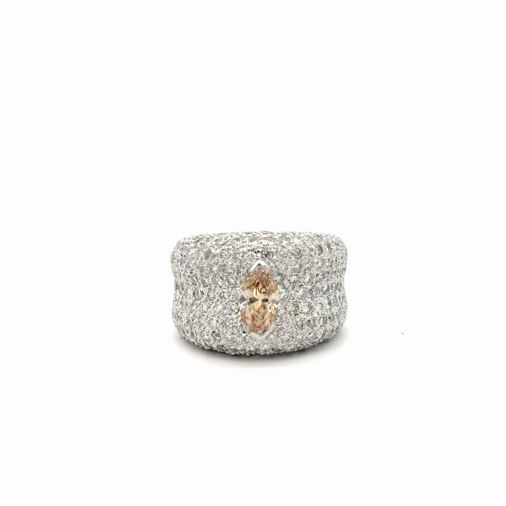 14k White Gold 3.00ct H VS2 Round Diamond 16mm/ 1.03ct VS1 Marquise Fancy Brown-Yellow Natural Pave Ring Certified By GIA # 5171146306