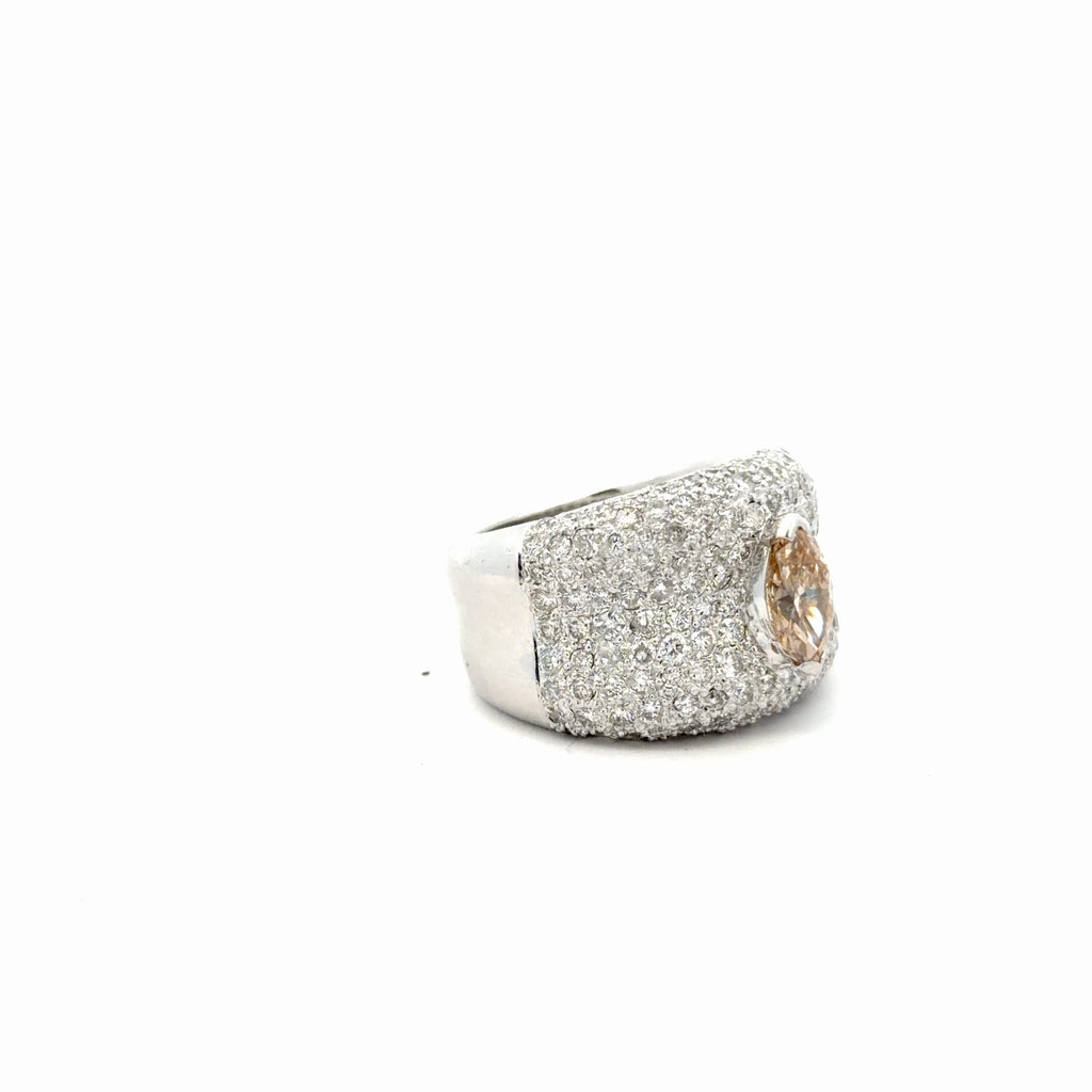 14k White Gold 3.00ct H VS2 Round Diamond 16mm/ 1.03ct VS1 Marquise Fancy Brown-Yellow Natural Pave Ring Certified By GIA # 5171146306