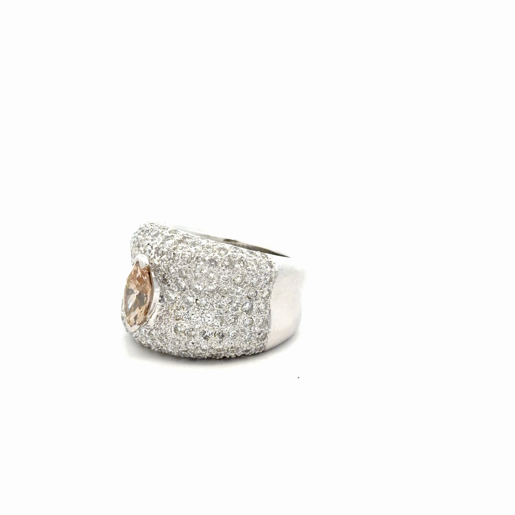 14k White Gold 3.00ct H VS2 Round Diamond 16mm/ 1.03ct VS1 Marquise Fancy Brown-Yellow Natural Pave Ring Certified By GIA # 5171146306