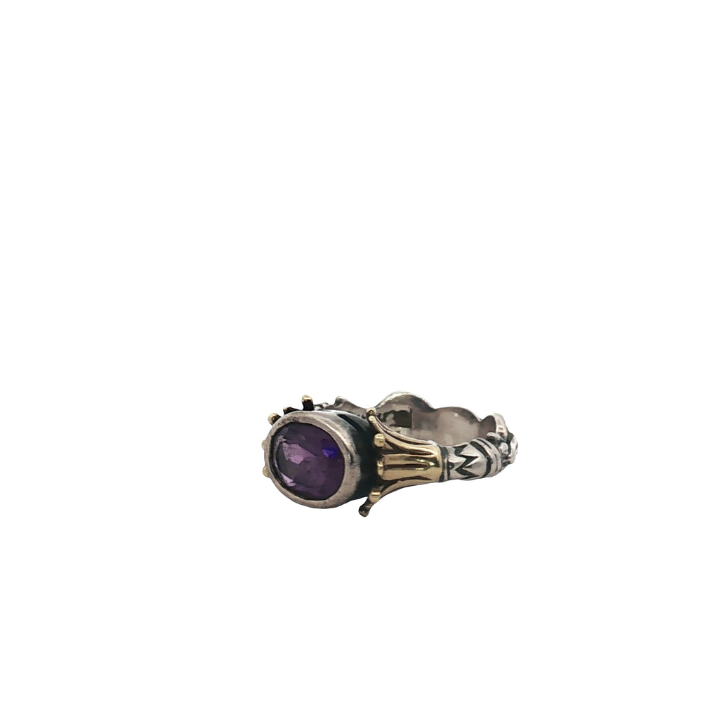 Pre-Owned Lagos Caviar 18k Yellow Gold/ Sterling Silver Oval Amethyst Ring Size 7