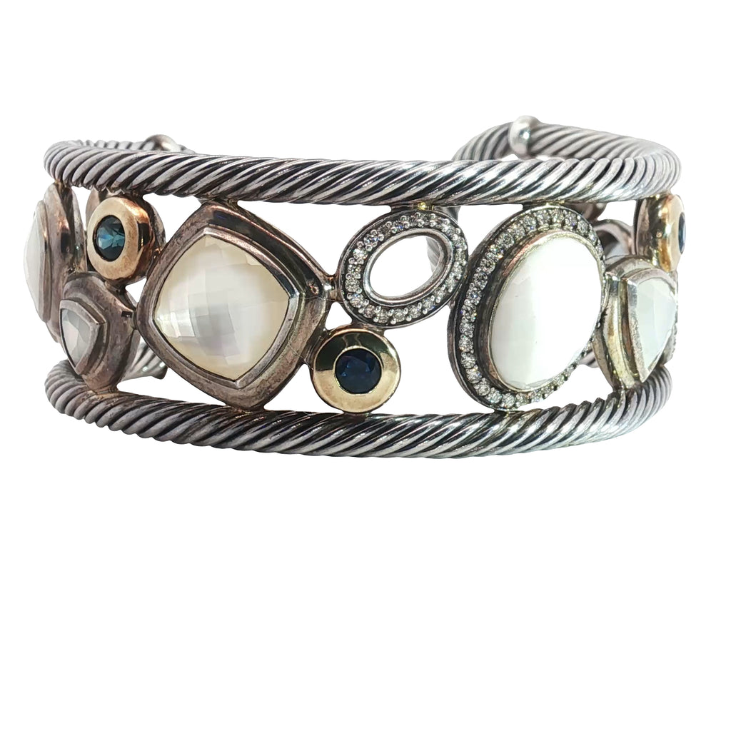 Pre-Owned David Yurman Sterling Silver and 18k Yellow Gold Multi Shape Stone Mosiac Wide Cuff Bracelet
