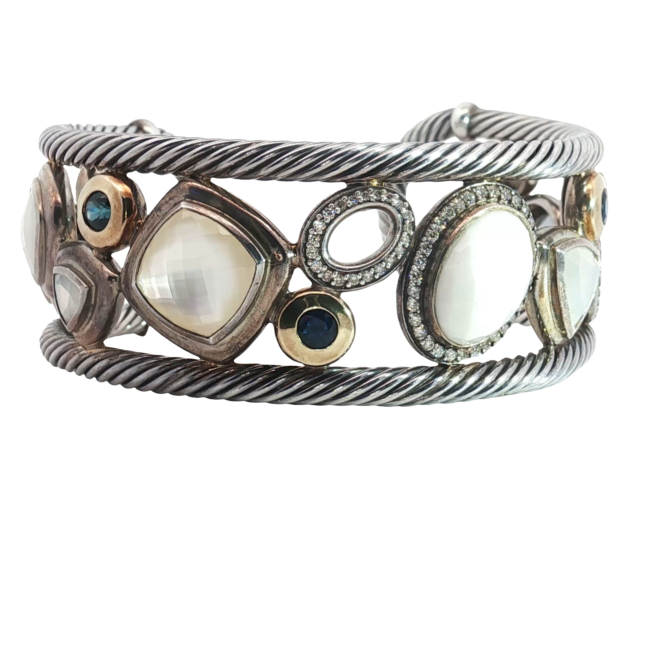 Pre-Owned David Yurman Sterling Silver and 18k Yellow Gold Multi Shape Stone Mosiac Wide Cuff Bracelet
