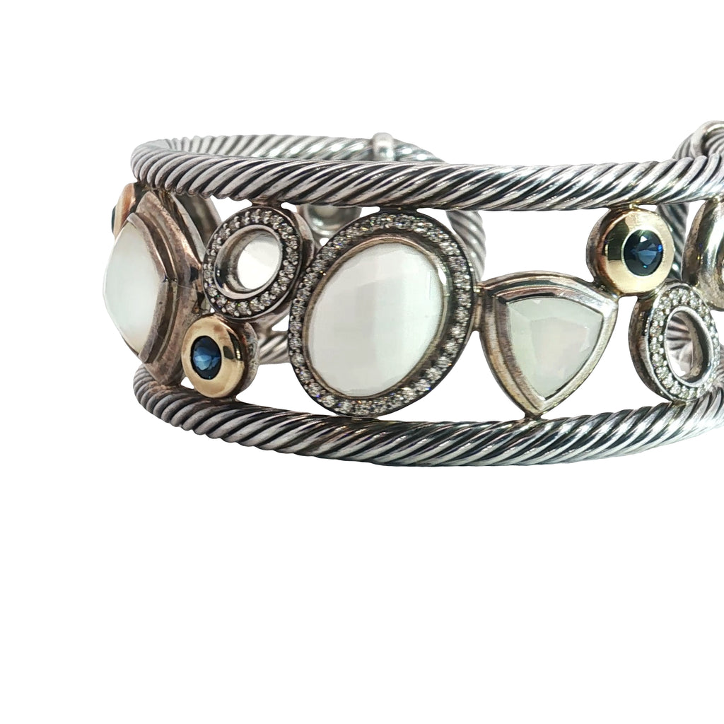 Pre-Owned David Yurman Sterling Silver and 18k Yellow Gold Multi Shape Stone Mosiac Wide Cuff Bracelet