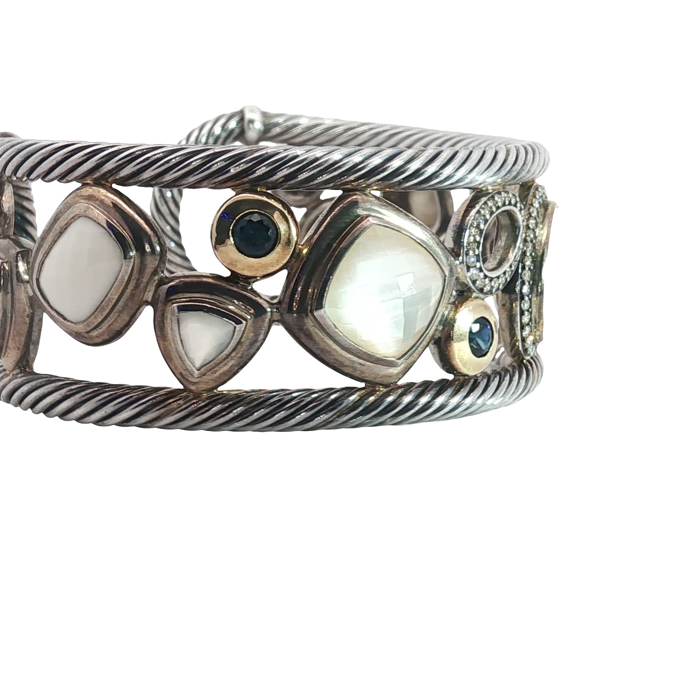 Pre-Owned David Yurman Sterling Silver and 18k Yellow Gold Multi Shape Stone Mosiac Wide Cuff Bracelet