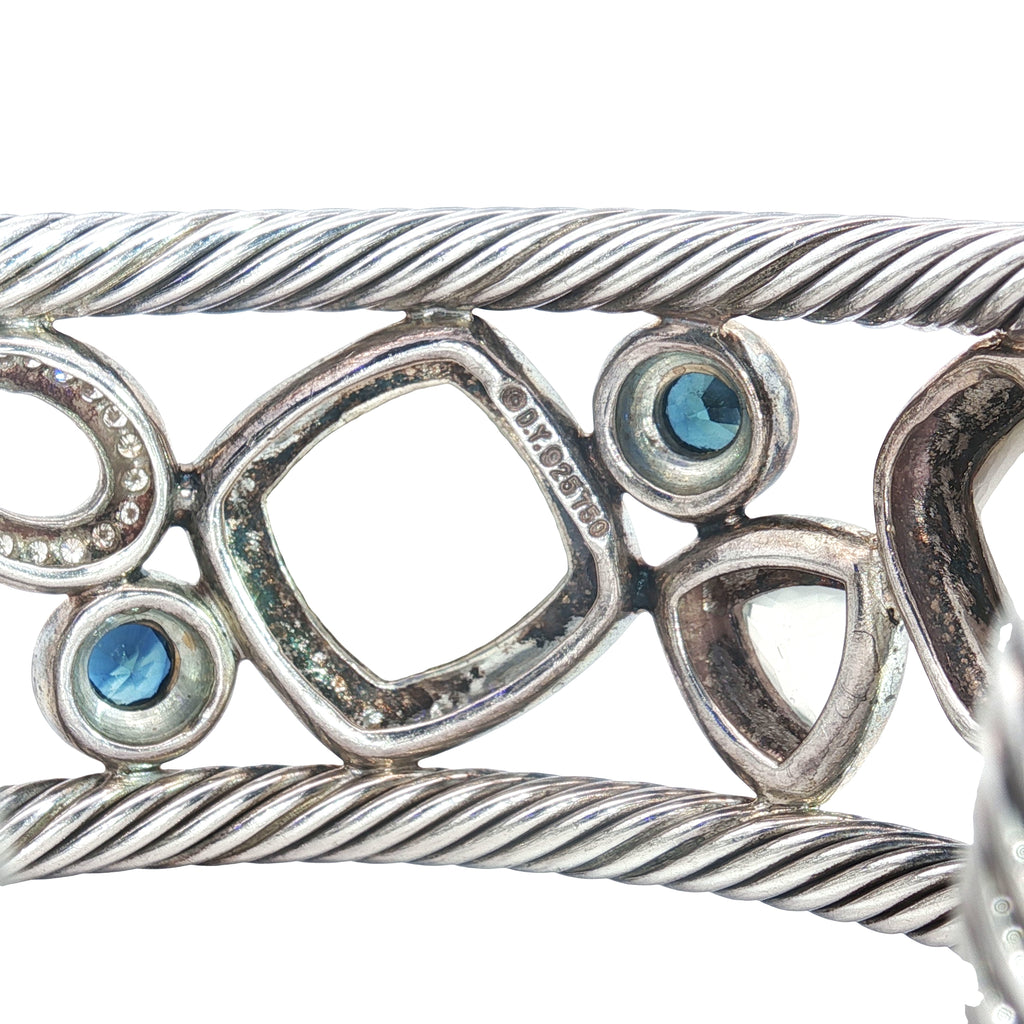 Pre-Owned David Yurman Sterling Silver and 18k Yellow Gold Multi Shape Stone Mosiac Wide Cuff Bracelet