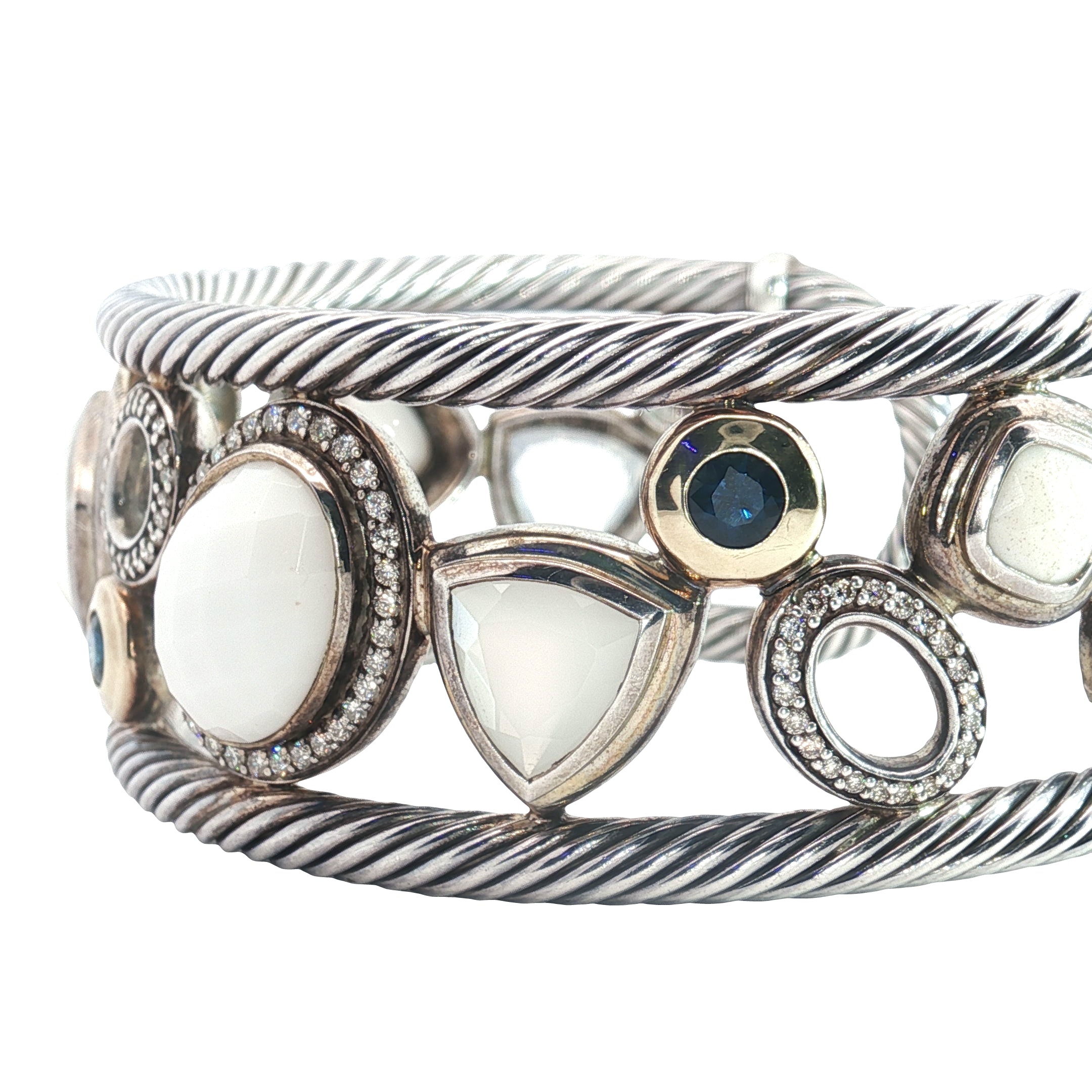 Pre-Owned David Yurman Sterling Silver and 18k Yellow Gold Multi Shape Stone Mosiac Wide Cuff Bracelet