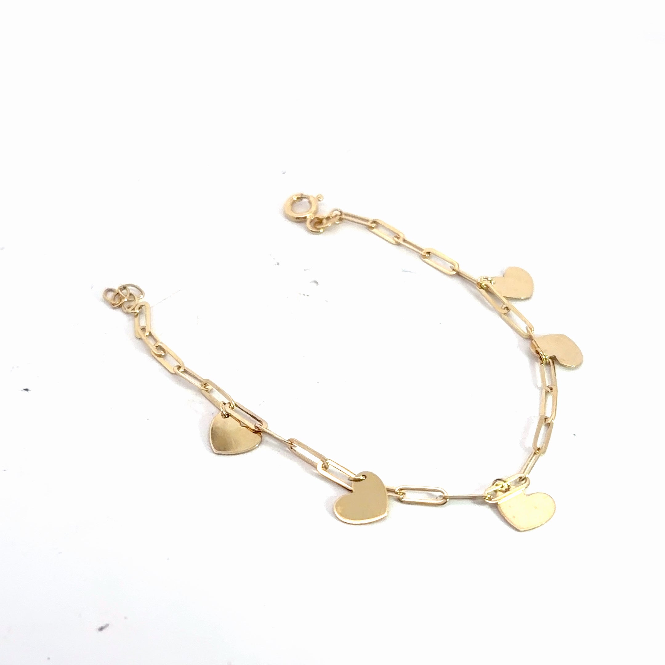 14k Yellow Gold Paper Clip Link with (5) Dangle Heart Baby Bracelet 1.7 gram 6"inch