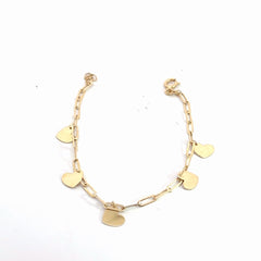 14k Yellow Gold Paper Clip Link with (5) Dangle Heart Baby Bracelet 1.7 gram 6"inch