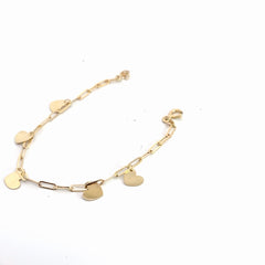 14k Yellow Gold Paper Clip Link with (5) Dangle Heart Baby Bracelet 1.7 gram 6"inch
