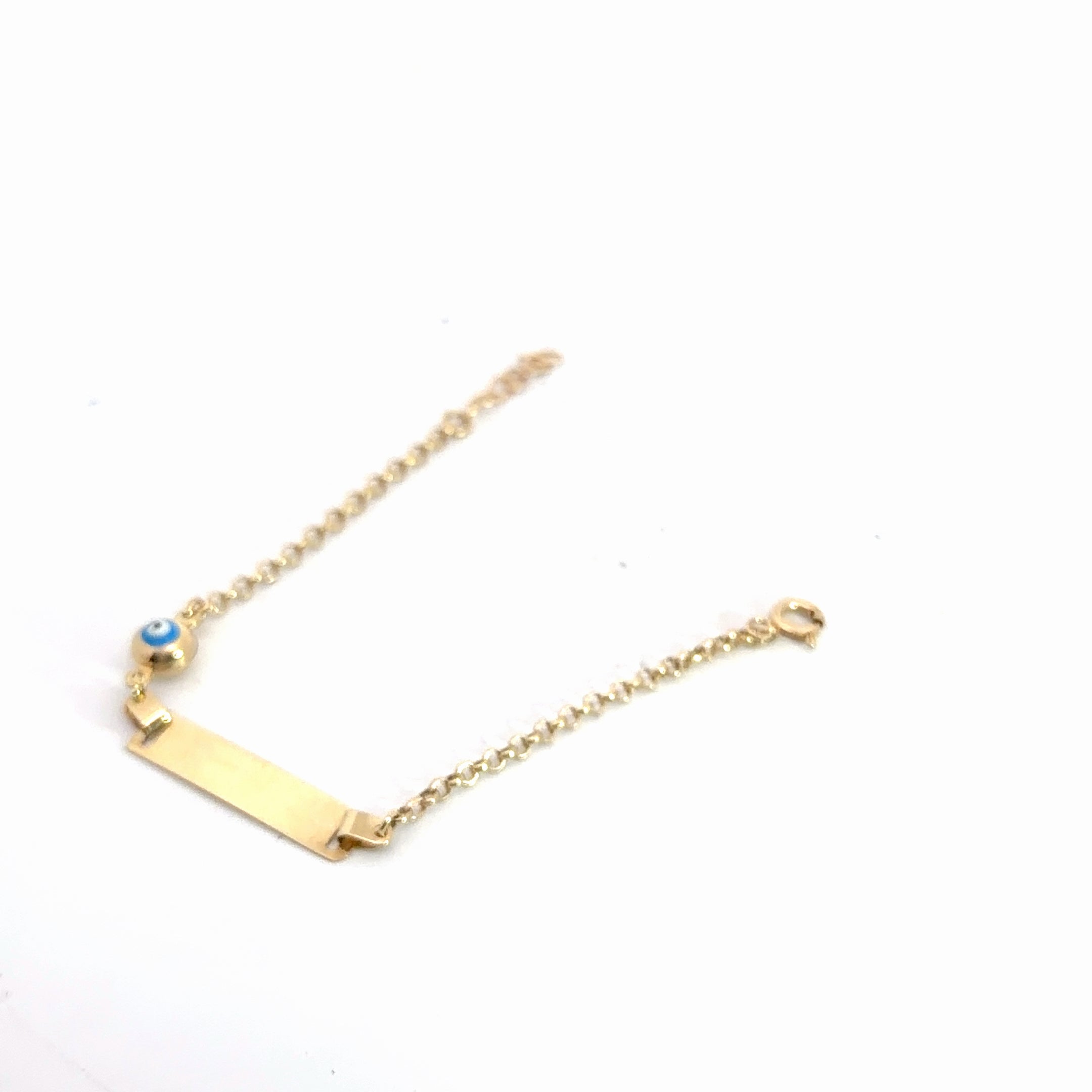 14k Yellow Gold Baby ID with (one) Light Blue Evil Eye Bracelet 1.5 gram 5" inch