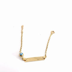 14k Yellow Gold Baby ID with (one) Light Blue Evil Eye Bracelet 1.5 gram 5" inch