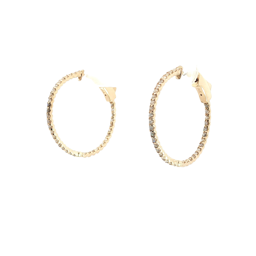 14k Yellow Gold .75ct G VS2 Round Diamond Thin Inside/Out Hoop Earrings 1"inch 1.2mm