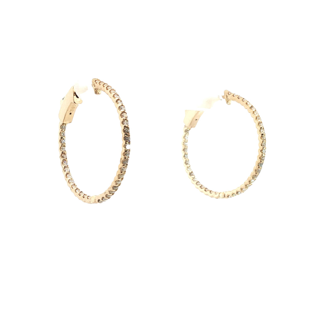 14k Yellow Gold .75ct G VS2 Round Diamond Thin Inside/Out Hoop Earrings 1"inch 1.2mm