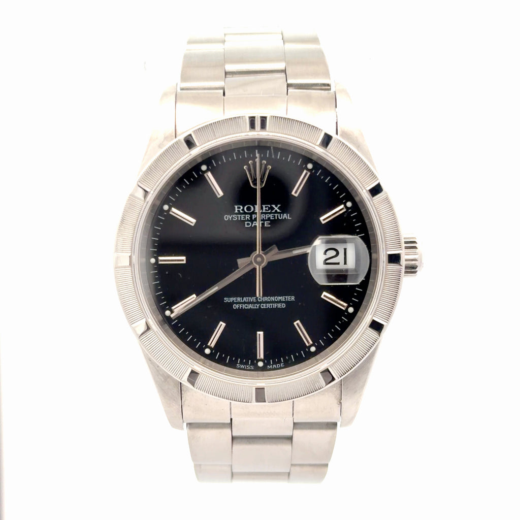 Pre-Owned Rolex Oyster Perpetual Date Watch 34mm / Black Dial/ Ref#15210