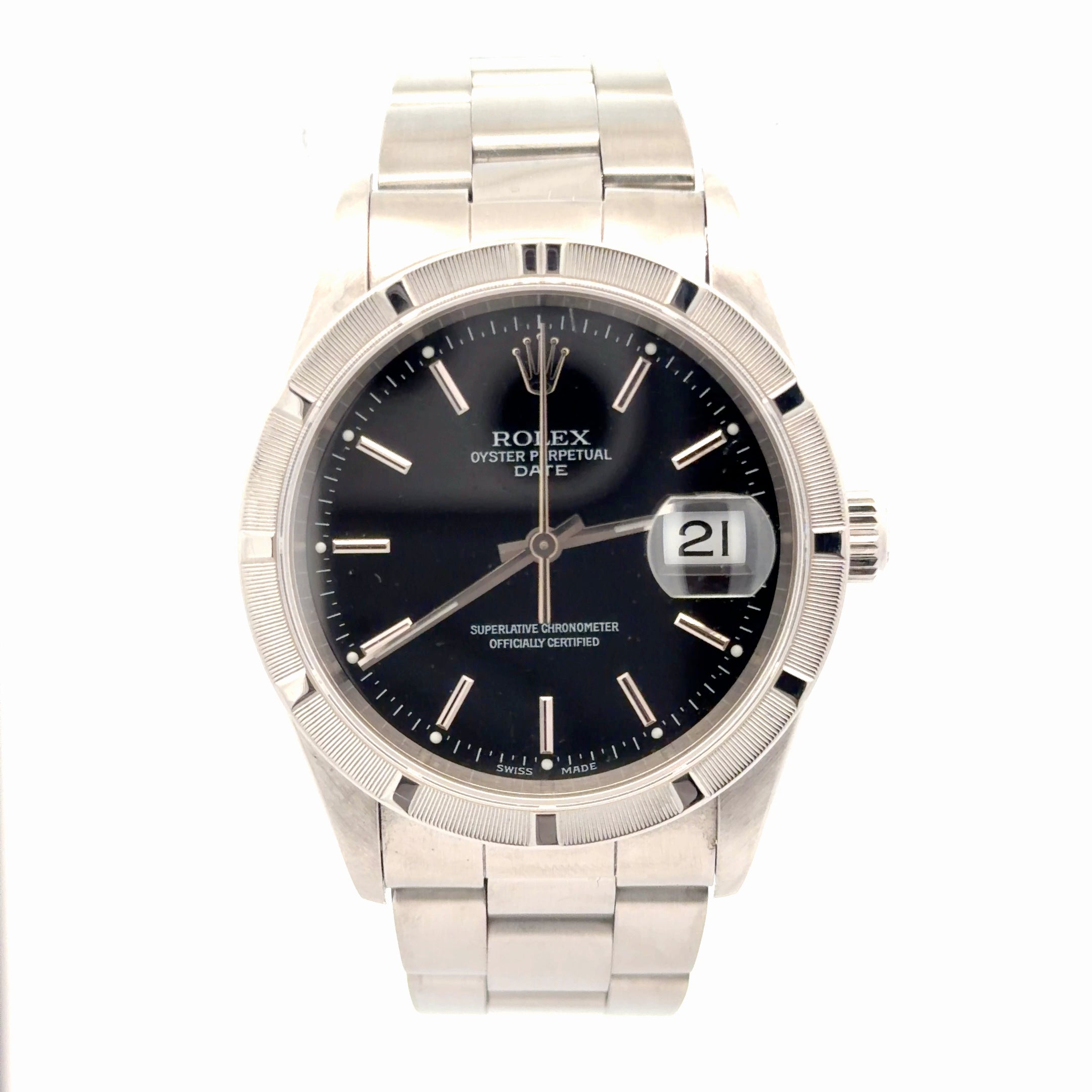 Pre-Owned Rolex Oyster Perpetual Date Watch 34mm / Black Dial/ Ref#15210