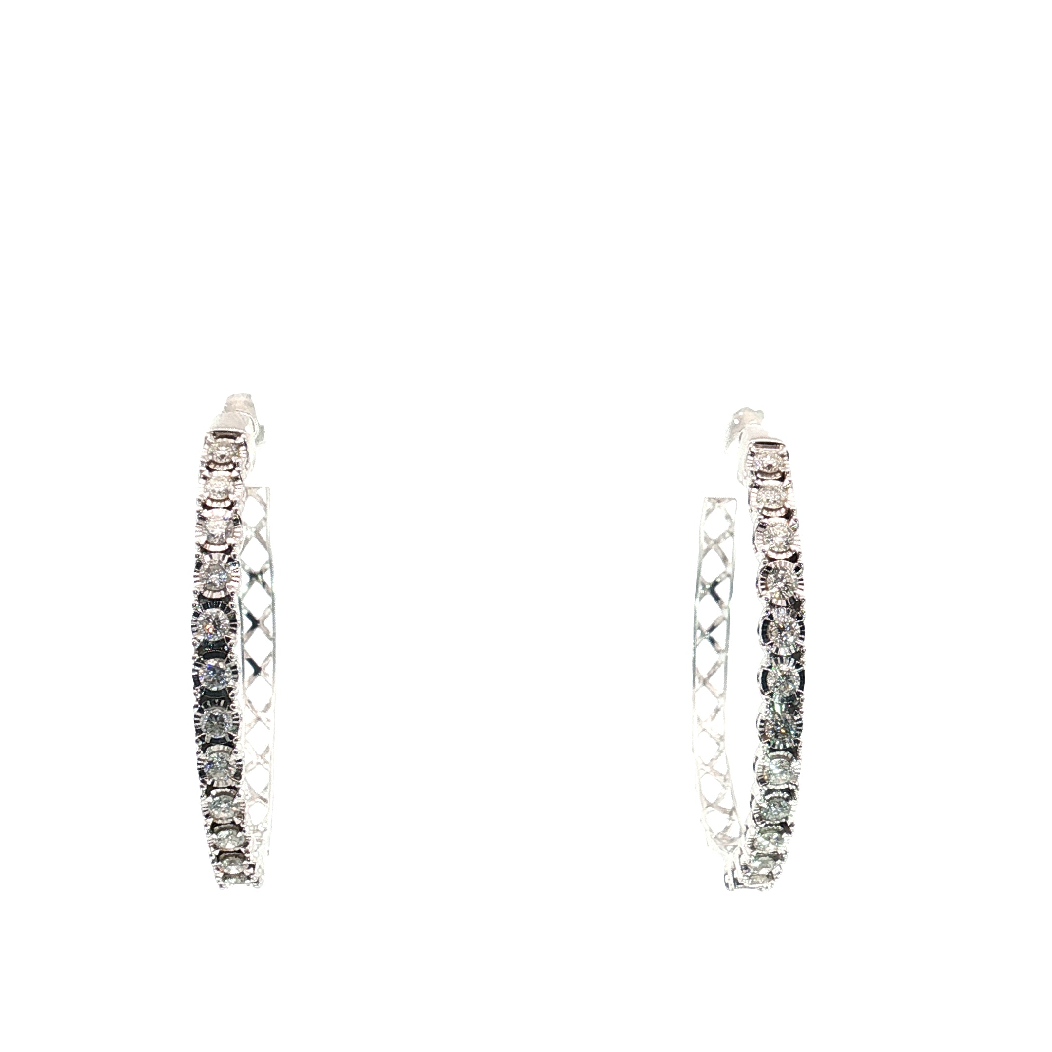 10k White Gold .65ct G I 1 Round Diamond Hoop Earrings 1 1/4"