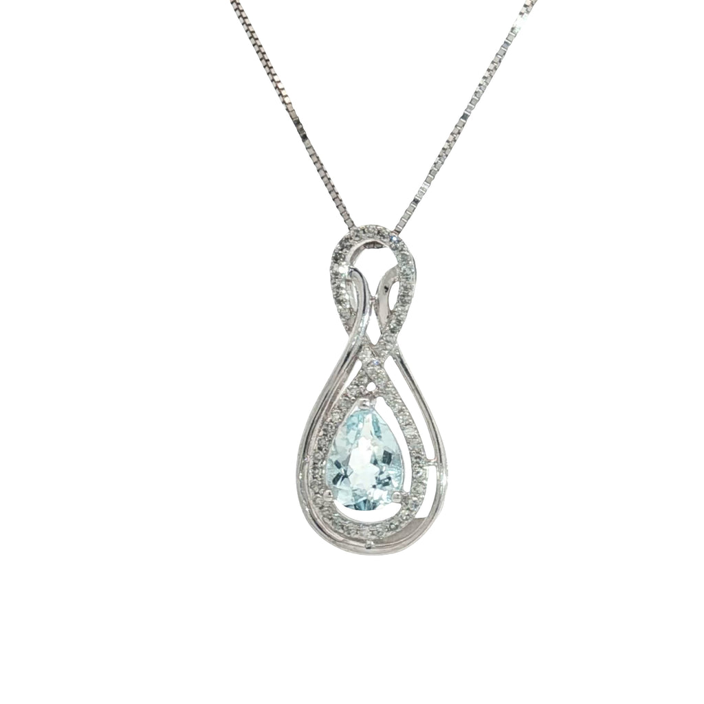14k White Gold .50ct Aqua Marine Pear Shape Tear Drop/ .15ct G SI1 Round Diamond Pendant