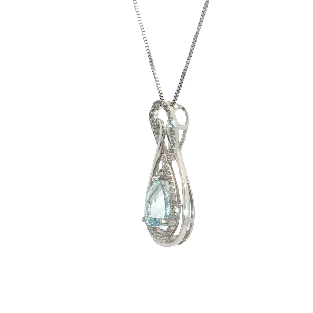 14k White Gold .50ct Aqua Marine Pear Shape Tear Drop/ .15ct G SI1 Round Diamond Pendant