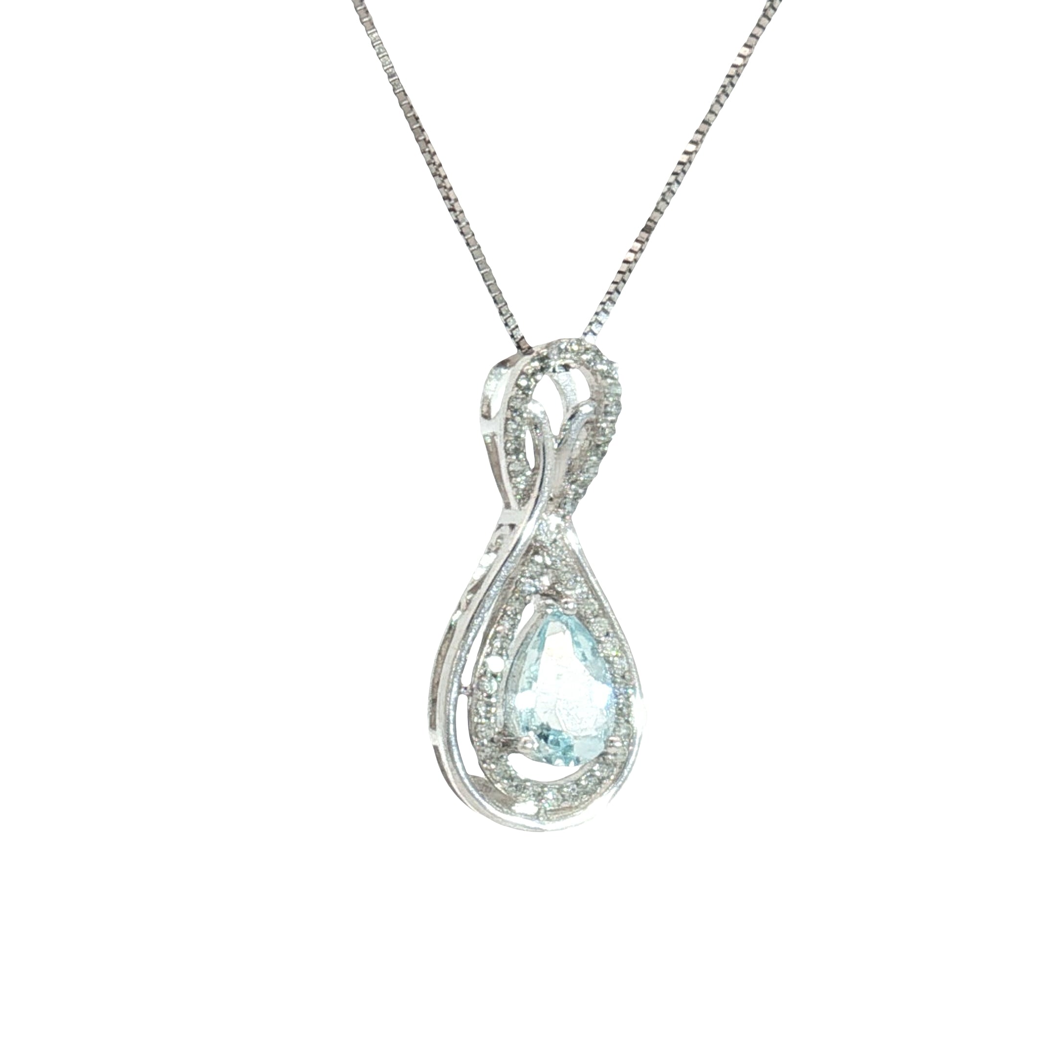 14k White Gold .50ct Aqua Marine Pear Shape Tear Drop/ .15ct G SI1 Round Diamond Pendant