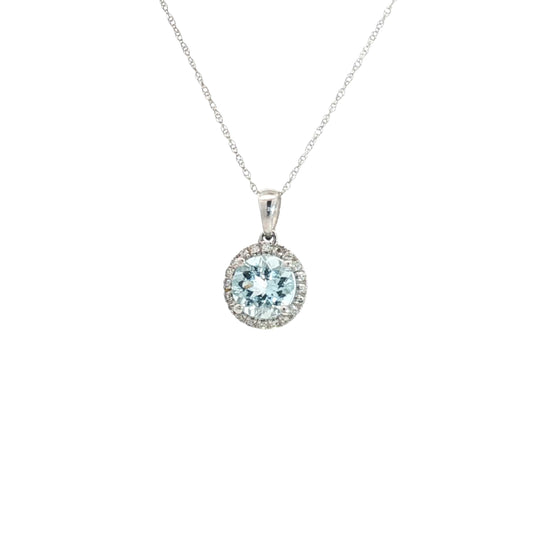 14k White Gold 1.00ct Round Aqua Marine /.15ct G SI1 Round Diamond Solitaire Pendant