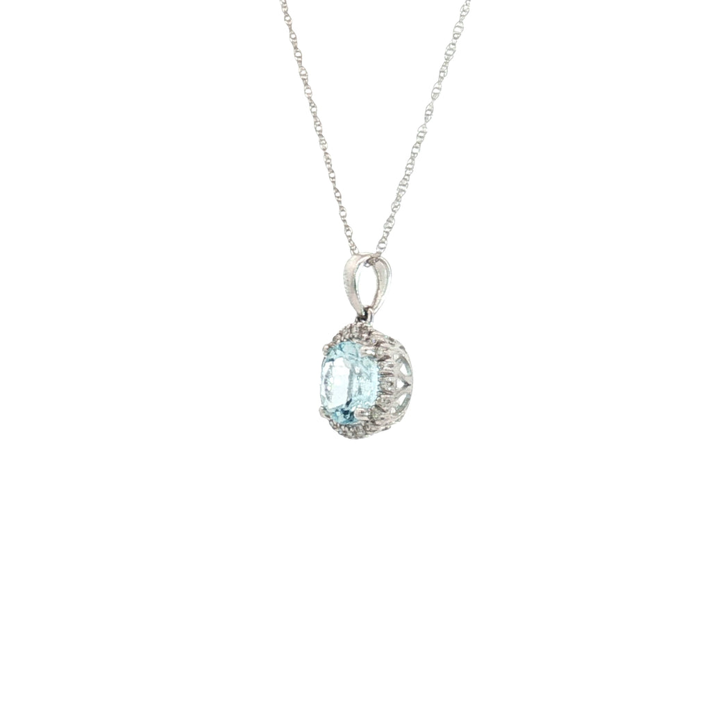 14k White Gold 1.00ct Round Aqua Marine /.15ct G SI1 Round Diamond Solitaire Pendant