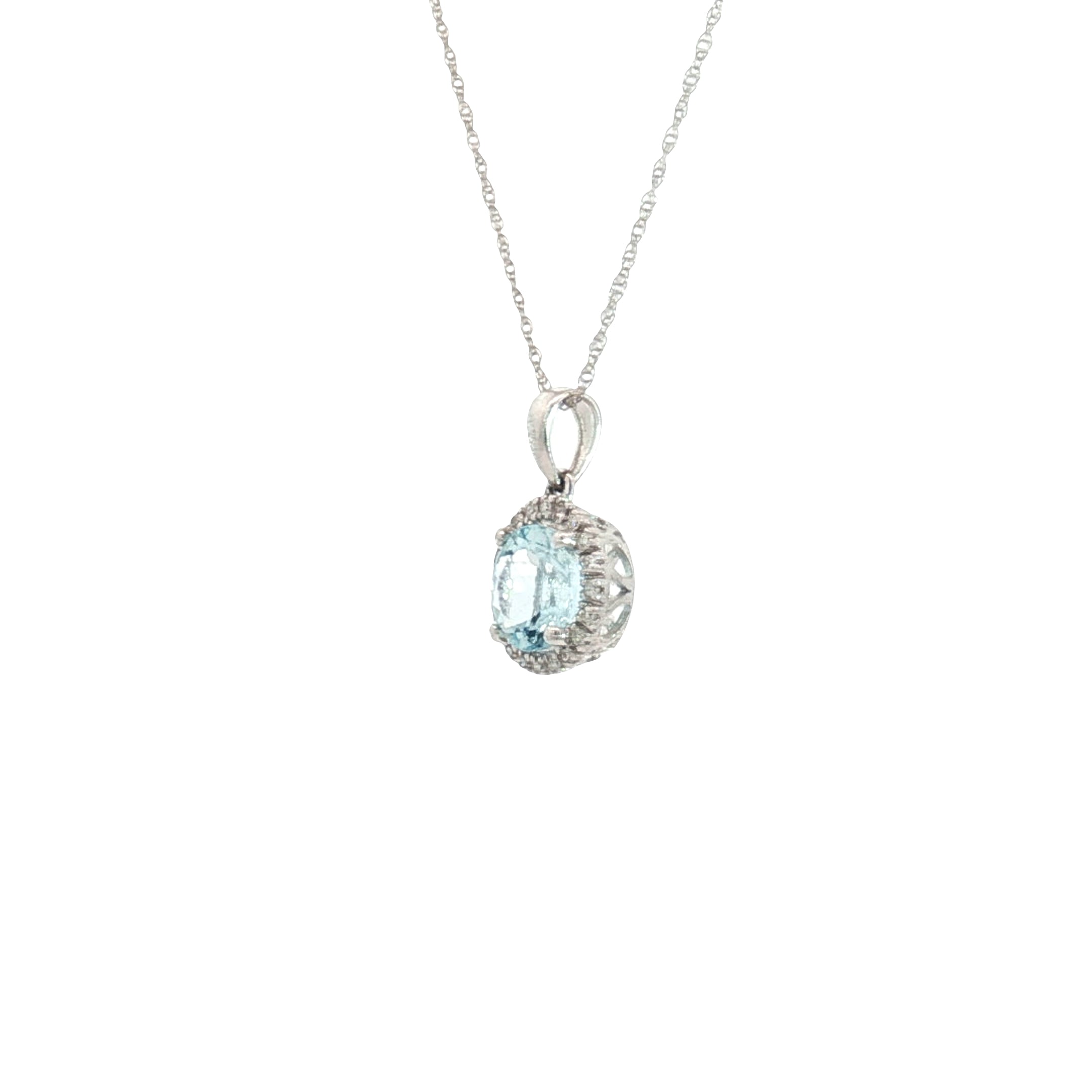 14k White Gold 1.00ct Round Aqua Marine /.15ct G SI1 Round Diamond Solitaire Pendant