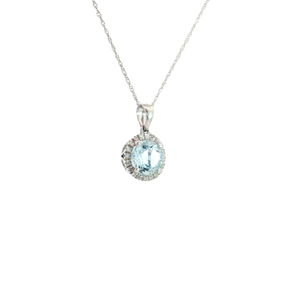 14k White Gold 1.00ct Round Aqua Marine /.15ct G SI1 Round Diamond Solitaire Pendant