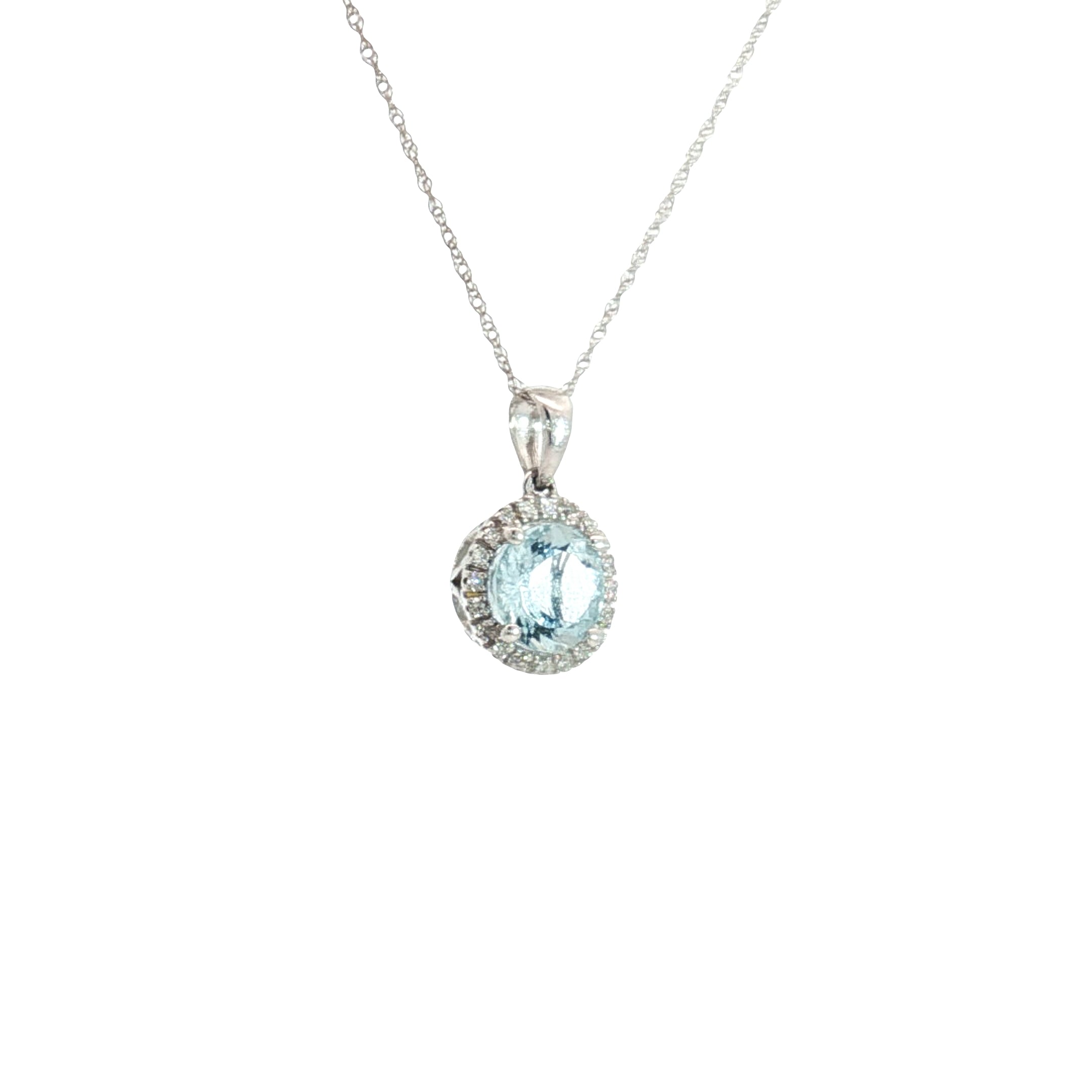 14k White Gold 1.00ct Round Aqua Marine /.15ct G SI1 Round Diamond Solitaire Pendant