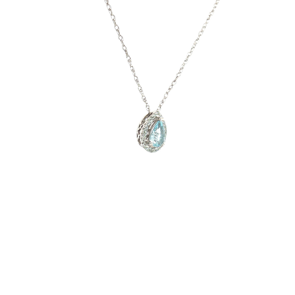 14k White Gold .50ct Pear Shape  Aquamarine/ .10ct G SI1 Round Pendant