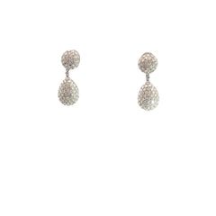 18k White Gold 2.5ct F VS2 Round Diamond Puffed Pave Domed Round and Tear Drop Earrings 9.5mm 1"in Long