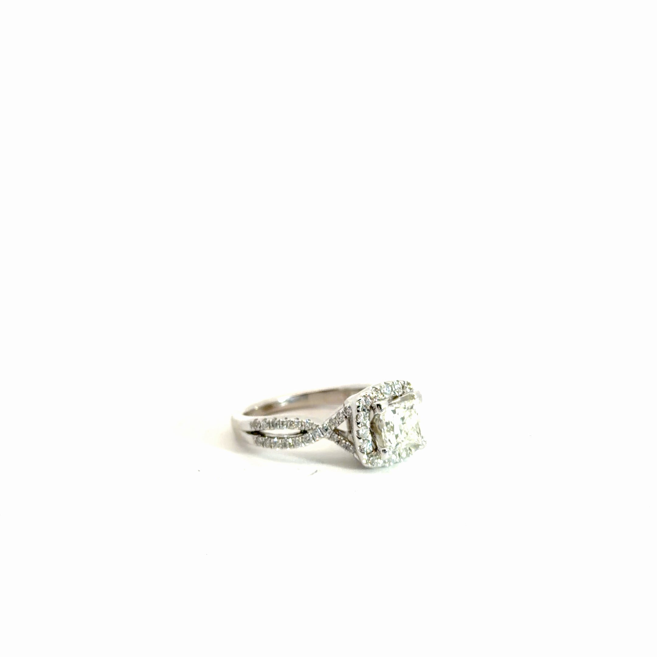14k White Gold 1.00ct G I1 Princess Cut Center Stone/ .50ct G VS2 Round Diamond Total Weight  Engagement Ring Certified By GSI # 12618702305 Size 5.5
