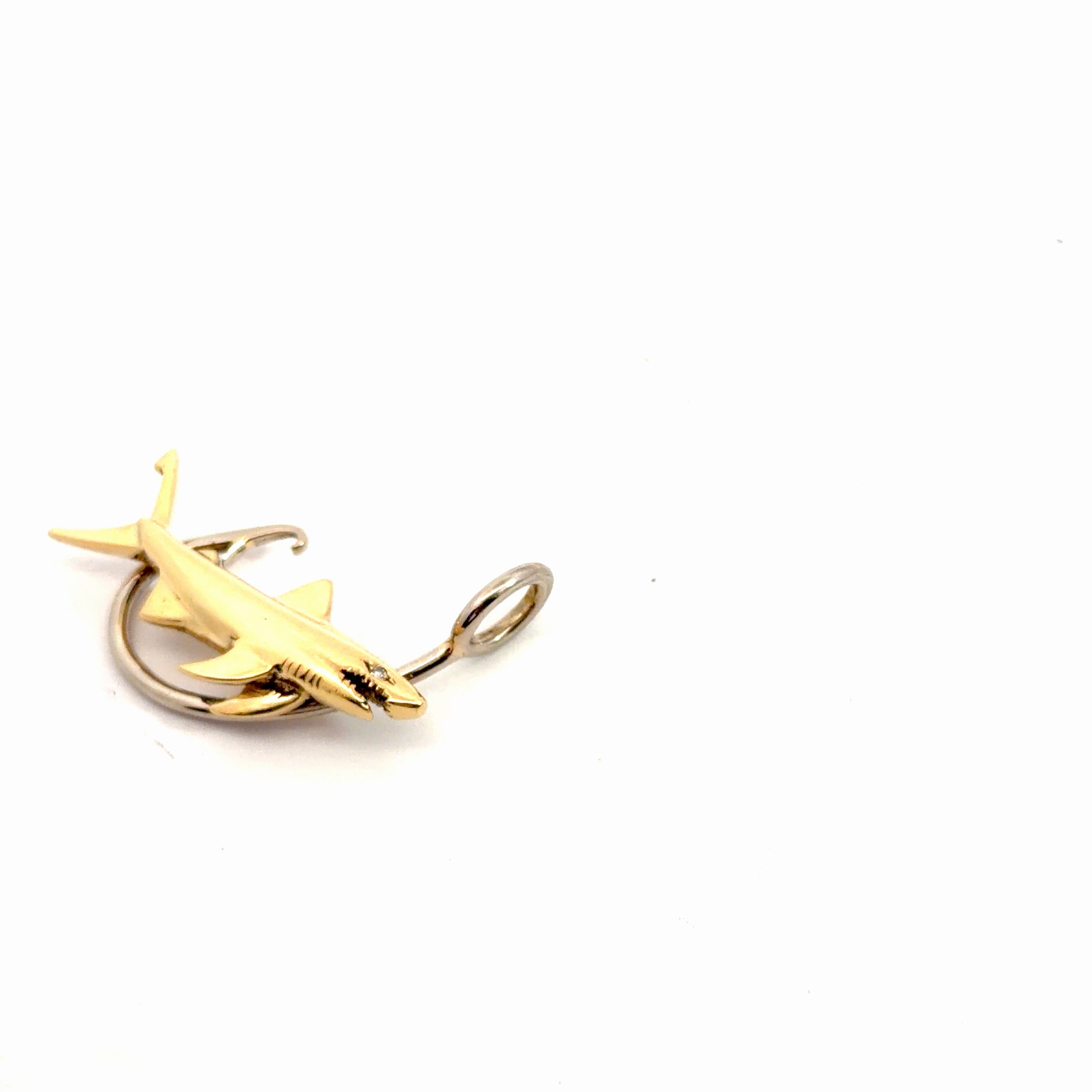 18k Two Tone Hook / Shark with (1) .03ct Round Diamond in the Eye Pendant