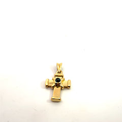 18k Yellow Gold 9.2 gram Cross with Round Blue Sapphire Cabochon Pendant